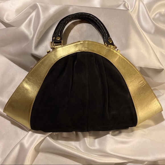 *SOLD* Gold and Black Vintage 80s Leather Large Suede Handbag Purse - Picture 2 of 8